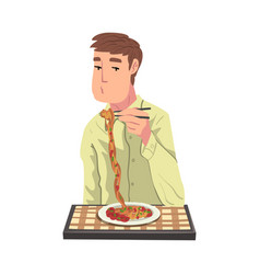 Young Man Eating Pasta Cheerful Guy Sitting