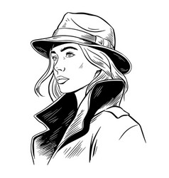 Woman Detective Black And White Sketch