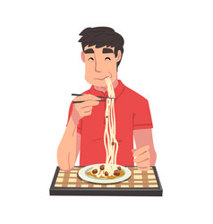 Man Eating Delicious Pasta Cheerful Guy Sitting