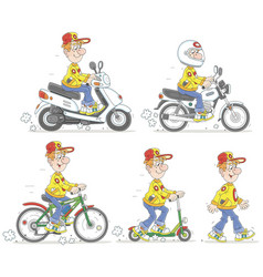 Funny Boy Walking And Riding Bikes Scooters