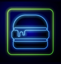 Glowing Neon Burger Icon Isolated On Blue