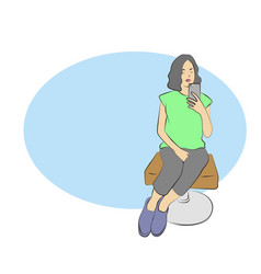 Woman Using Smartphone On Her Chair With Blue