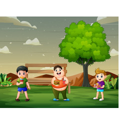 Cartoon Three Boys Each Carrying Food In The Park