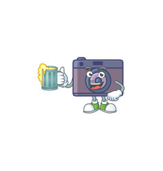 Smiley Retro Camera Mascot Holding A Glass Beer