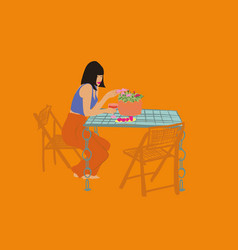 Stylish Woman Sitting By The Table At Garden