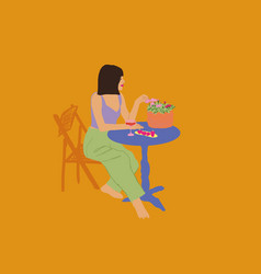 Stylish Woman Sitting By The Table At Garden