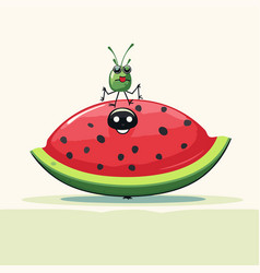 Funny Cartoon Grasshopper On Watermelon