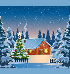 A House In Snowy Christmas Landscape At Night