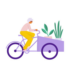 Elderly Woman Riding Cargo Bike With Plants