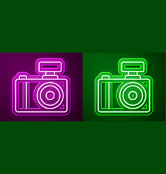 Glowing Neon Line Photo Camera Icon Isolated On