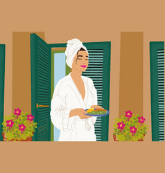 Woman In Bathrobe Having Breakfast At Hotel