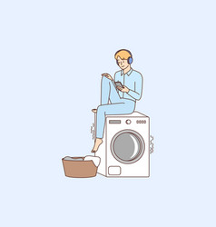 Smiling Guy Listen To Music Wait For Laundry