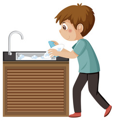 A Boy Washing Dishes At Sink