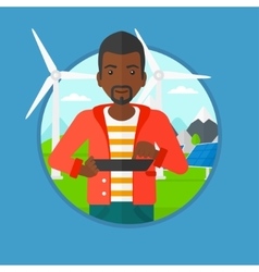 Male Worker Of Solar Power Plant And Wind Farm