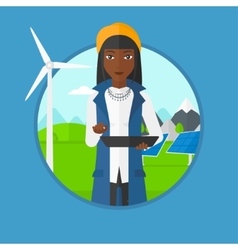 Female Worker Of Solar Power Plant And Wind Farm