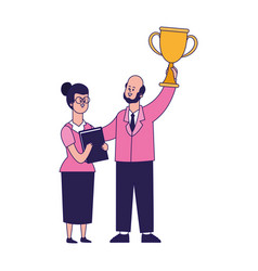 Cartoon Woman And Businessman Holding Up A Trophy