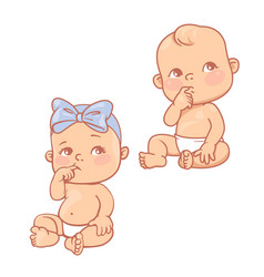 Little Baby Boy And Girl In Diaper Siting