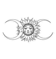 Sun With A Face And The Crescent Moon