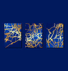 Set Deep Blue Card Of Marble Gold Veins Texture