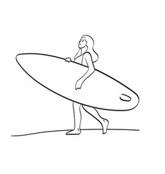 Woman In Swimwear Holding Surf Board And Walking