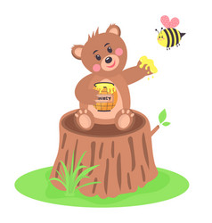 Baby Bear Holding Honey Pot And Cute Round Bee