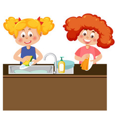 Two Kids Washing Dishes Together