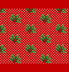 Green Holly Leaves And Red Berries On A Polka Dot