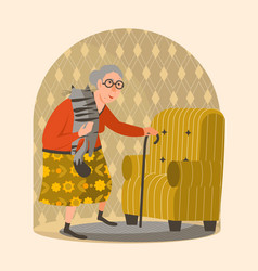 Old Woman With Cane Holding Cat And Going To Sit