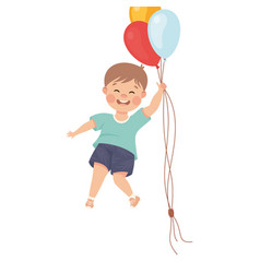 Happy Boy Flying In The Air With Bunch Of Toy