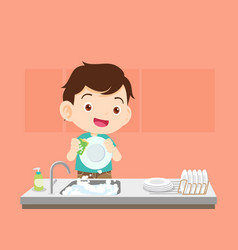 Little Kids Washing The Dishes In Kitchen