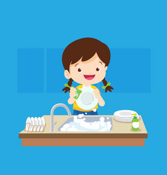 Little Kids Washing The Dishes In Kitchen