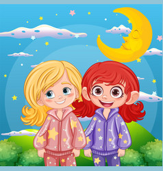 Two Friends At The Garden At Night Wearing Pajamas