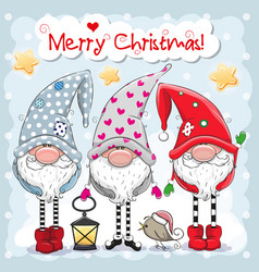 Three cute gnomes on a blue background Royalty Free Vector