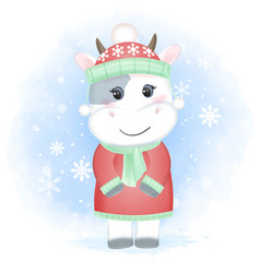 Baby Cow And Snowflake Cartoon Hand Drawn