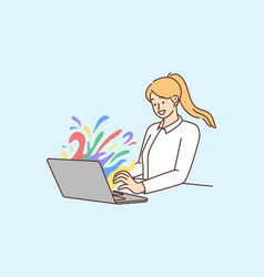 Smiling Woman Work On Laptop With Colorful Stains