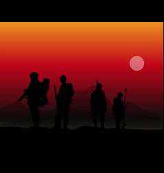 Silhouettes Of Walking Soldiers On Patrol