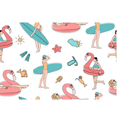 Seamless Summer Pattern Girls With Surfboards And