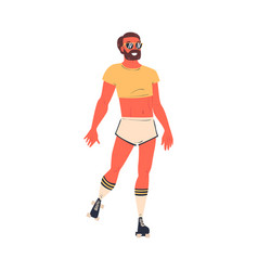 Retro Dressed Bearded Man Roller Skater In Shorts