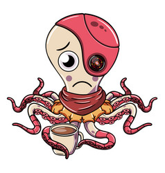 A Cute Sad Cartoon Octopus With Cyborg Eye