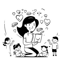 Mother Reading A Book To Her Children In Cartoon