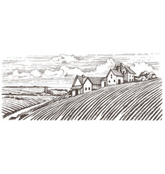 Rural Landscape With A Farm In Engraving Style