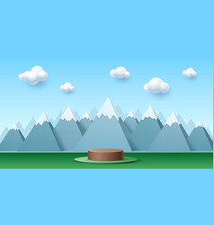 3d Kid Podium Stage With Mountain Sky And Clouds