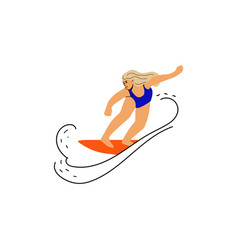 Surfing Blond Woman In Blue Swimming Suit