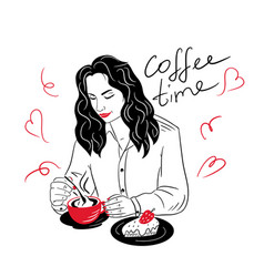 Woman Is Drinking Coffee And Eating A Cake