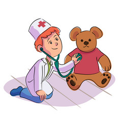 Little Boy Doctor Listening Teddy Bear Heart Beat