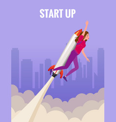 Businesswoman On A Rocket Fly Through Sky Start