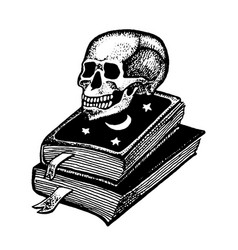 Human Skull On Occult Books Hand Drawn