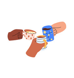 Cheers With Tea And Coffee Cups Hands With Mugs