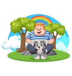 Overweight Man Playing With Cute Pet Dog Outdoors