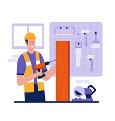 Flat Design Of Man Work In Carpentry Shop